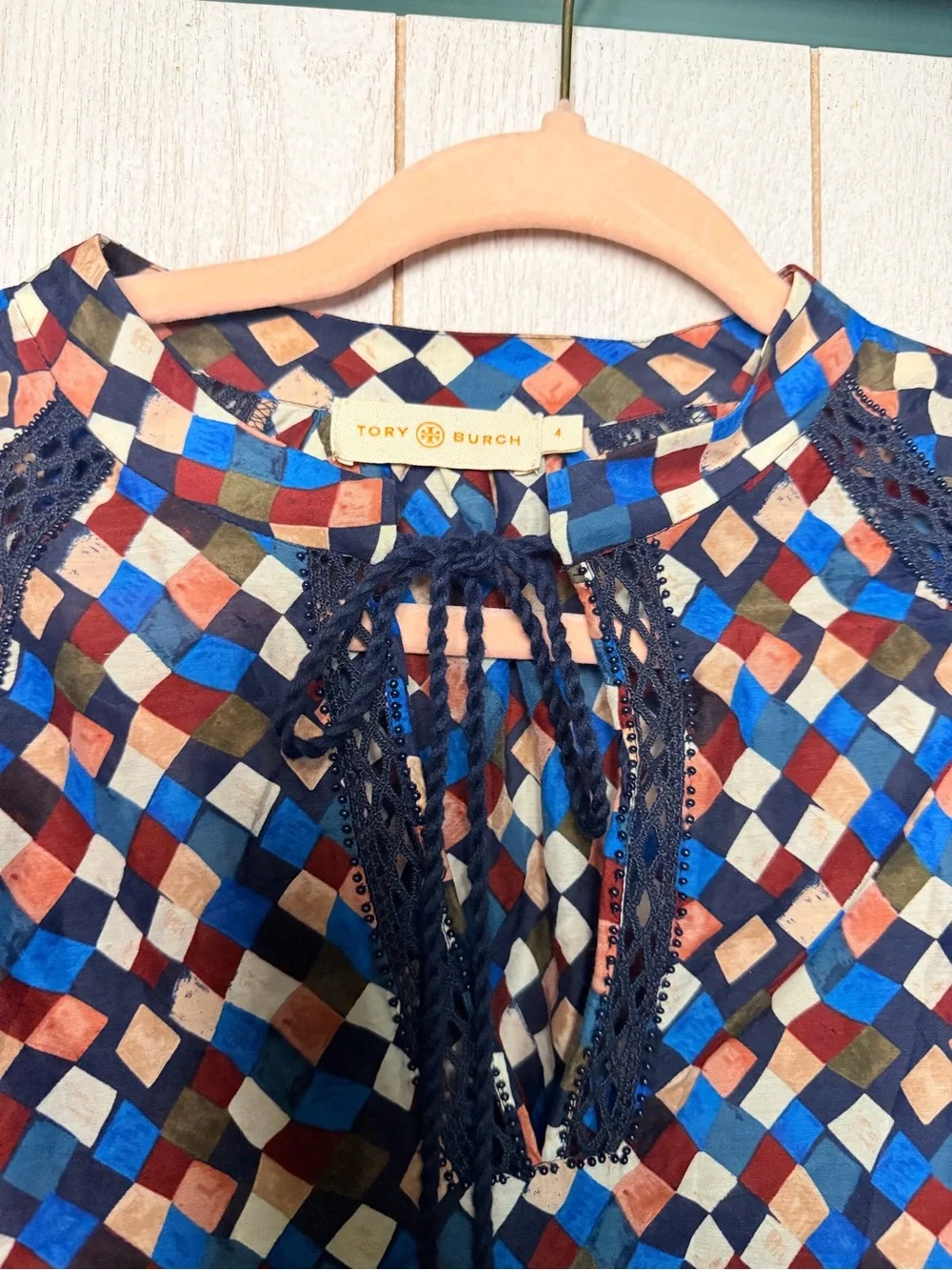 Tory Burch Navy Multi Geometric Tassel Peasant Top